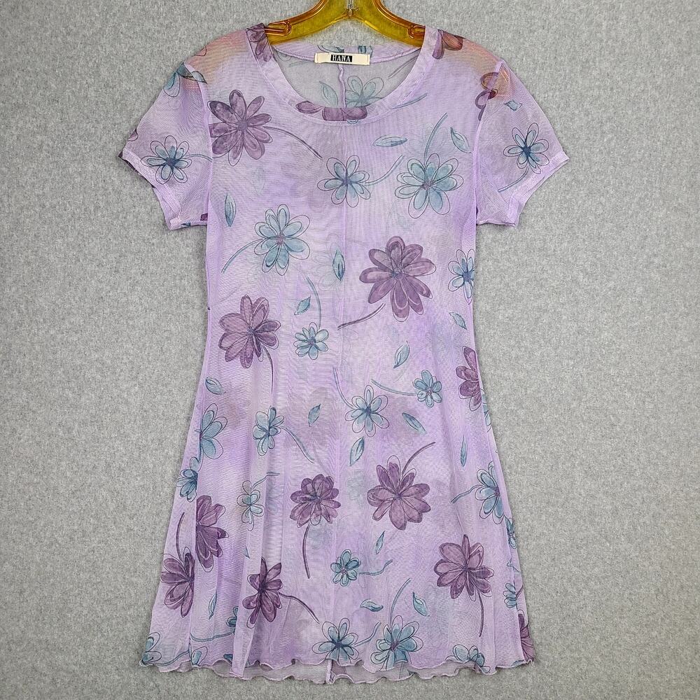 VTG Y2K Sheer Floral HANA Layering Dress Purple Mesh Mini Short Sleeve S